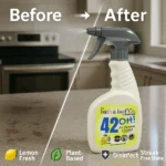 Infographic of a kitchen counter cleaned with Balence 42OH! All-Purpose Cleaner. Left side shows greasy stains and crumbs, right side is sparkling clean with a streak-free shine.