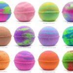 Colorful assortment of spherical bath bombs with labels