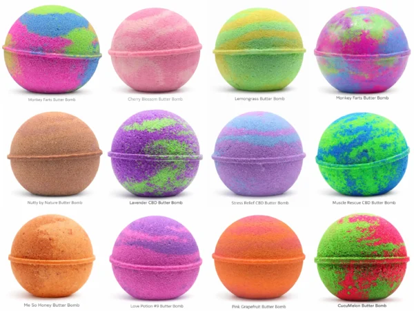 Colorful assortment of spherical bath bombs with labels