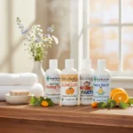 Four Balence Hair Conditioner bottles—Monkey Farts, Kumquat, Stress Relief, and Healing Tree—arranged on a rustic wood counter with fresh citrus slices and greenery, soft morning light highlighting the natural formulas.