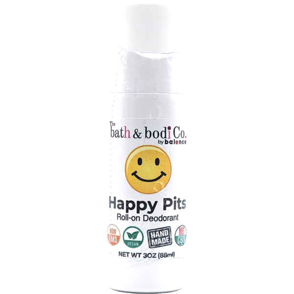 The Bath & Bodi Co by Balence Happy Pits roll-on deodorant bottle with smiley face design