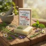 Balence Healing Tree handmade soap on rustic wood with rosemary sprigs, peppermint leaves, lavender flowers, chamomile blossoms, and a mortar and pestle in soft golden sunlight.