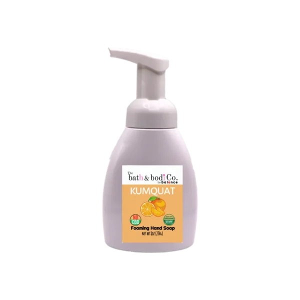 Kumquat foaming hand soap bottle with citrus label and No-CBD and Organic Ingredients icons