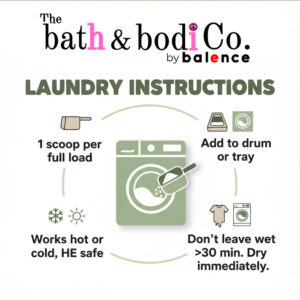Infographic panel showing laundry scoop and washing machine with tips: 1 scoop per load, add to drum/tray, HE safe, dry immediately. Caption: Laundry made easy: 1 scoop, wash, dry — done. 🧺✨