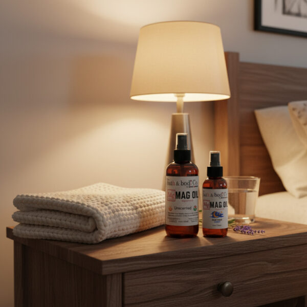 Two Balence Magnesium Oil Spray bottles—9.5 oz Unscented and 4.5 oz Good Night Lavender—rest on a wooden nightstand beside a folded blanket, a glowing bedside lamp, a sprig of lavender, and a glass of water, softly lit with warm evening tones.