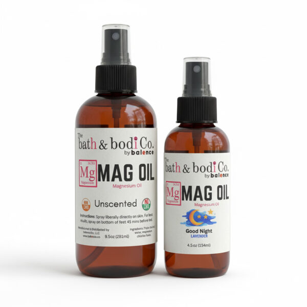 Two Balence Magnesium Oil Spray bottles—9.5 oz Unscented and 4.5 oz Good Night Lavender—arranged closely side by side on a clean white background with sharp, authentic labels and soft natural reflections.