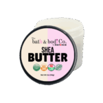 Shea Butter jar with labeled lid showing Non-GMO, Organic, Vegan, and No-CBD icons