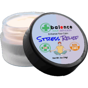 Balence Hemp CBD Stress Relief Cream jar with label, photographed on a blank white background with transparent edges.