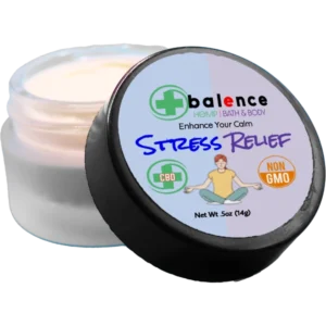 Balence Hemp CBD Stress Relief Cream jar with label, photographed on a blank white background with transparent edges.