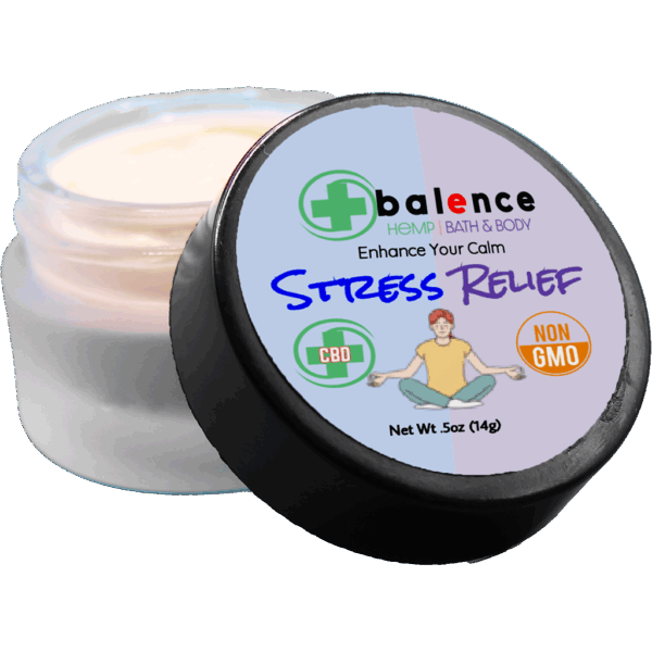 Balence Hemp CBD Stress Relief Cream jar with label, photographed on a blank white background with transparent edges.
