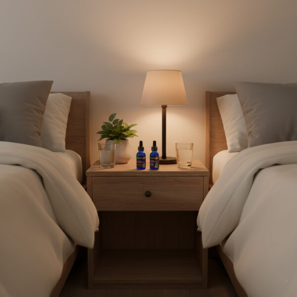 Two zzzHemp bottles (Regular & ++ versions) on a nightstand with two water glasses and a glowing lamp.