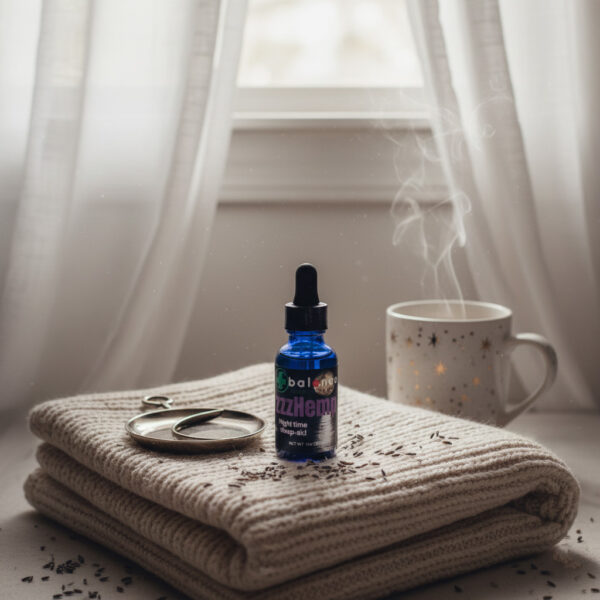 Hands holding zzzHemp tincture dropper above a glass of water with lavender sprigs, candle, and chamomile tea on a nightstand.