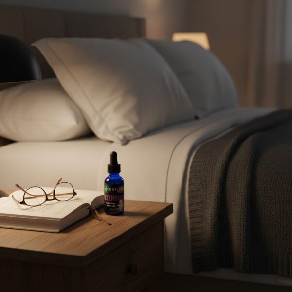 zzzHemp tincture on a folded throw blanket with lavender buds, candlelight, and moon-themed props in a dreamy nighttime setting.