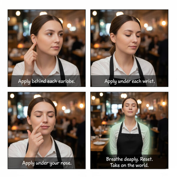 Four-panel infographic of a waitress in a busy restaurant applying Balence Hemp CBD Stress Relief Cream behind her earlobe, under her wrist bone, and under her nose, followed by a panel of her taking a deep breath with a calm expression. Handwritten notes label each step.