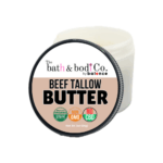 Beef Tallow Butter jar with labeled lid showing Organic, Non-GMO, and No-CBD icons