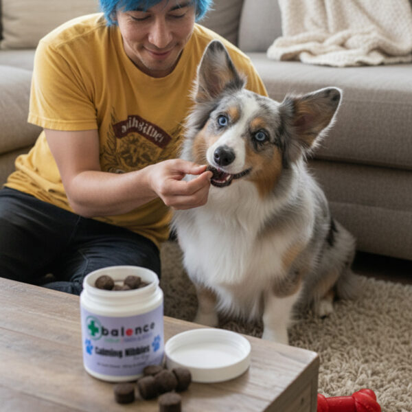 A happy dog with bright blue eyes is fed a Balence Hemp CBD Calming Nibble by its owner in a cozy living room. The open jar of calming chews sits on the coffee table with treats scattered nearby.