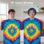 A split-image of Mikey holding a tie-dye shirt, showing one side from 10 years ago with a younger face and vibrant shirt, and the other side today with the same bright shirt and current face, highlighting fabric preservation over time.