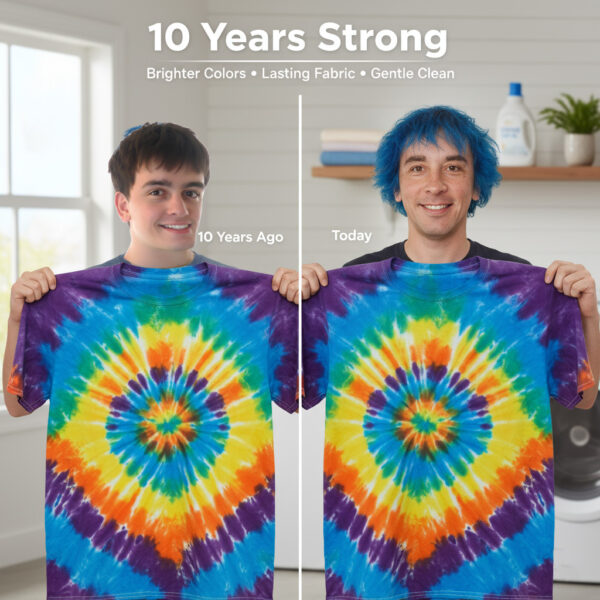 A split-image of Mikey holding a tie-dye shirt, showing one side from 10 years ago with a younger face and vibrant shirt, and the other side today with the same bright shirt and current face, highlighting fabric preservation over time.