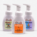 Three Balence Foaming Hand Soap bottles—Monkey Farts, Kumquat, and Stress Relief—lined up on a bright white background, labels vivid and clear for a clean product collection display.