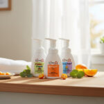 Three Balence Foaming Hand Soap bottles—Monkey Farts, Kumquat, and Stress Relief—arranged on a natural wood counter beside soft greenery, fresh citrus slices, and a folded white towel with warm sunlight streaming through a nearby window.
