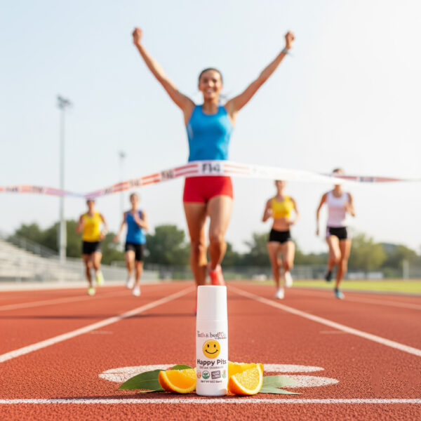 Balence Happy Pits Roll-On Vegan Deodorant stands in sharp focus on a sunny race track finish line while a jubilant female runner in bright track gear breaks the tape with arms raised, exposing her underarms confidently as a few runners trail behind.