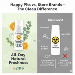 Square infographic comparing Balence Happy Pits Roll-On Vegan Deodorant to generic store-bought deodorants. The left side highlights Happy Pits with a vibrant green-and-citrus design, a product bottle icon, and phrases like “All-Day Natural Freshness,” while the right side shows a dull gray store-brand silhouette with icons for aluminum, parabens, and hidden alum salts labeled “Toxins accumulate underarm tissue” and “Linked to breast concerns.” A central headline reads “Happy Pits vs. Store Brands – The Clean Difference.”