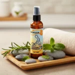 Balence Hemp CBD Massage Oil 4 oz bottle with pump top stands on a spa-style tray surrounded by smooth stones, fresh rosemary and peppermint sprigs, and a folded towel, bathed in warm natural light.