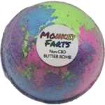 A circular butter bath bomb product with the words "Monkey Farts," "Non-CBD," and "BUTTER BATH BOMB" prominently displayed, set against a white background.