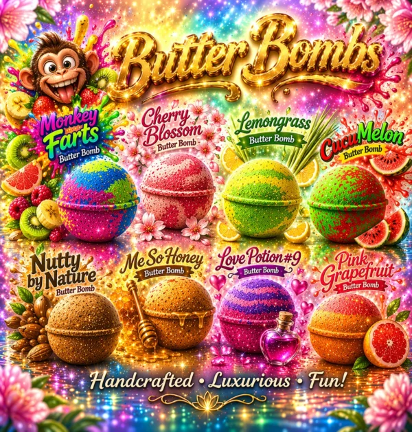 Colorful Butter Bombs bath bombs with fruity scents