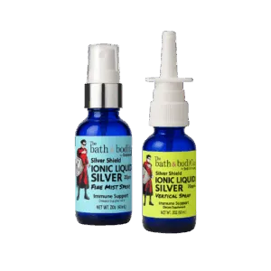 Two bottles of Silver Shield Ionic Liquid Silver 20ppm — fine mist spray and vertical spray by The Bath & Bodi Co. by Balence