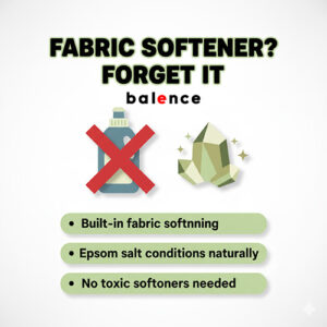 Infographic panel with fabric softener bottle crossed out and epsom salt crystals, explaining natural fabric conditioning.