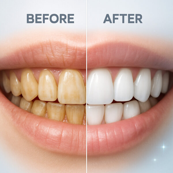 Infographic showing a hyper-realistic close-up of teeth before and after cleaning. Left side shows stained, yellow teeth with plaque. Right side shows clean, smooth, pearly white teeth with a healthy shine. Divider labeled “Before” and “After.”