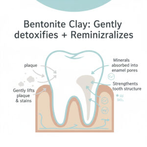 Educational infographic of a tooth cross-section showing Bentonite Clay minerals attaching to enamel. Left side shows plaque and stains being lifted away, while the right side shows calcium, magnesium, and silica ions filling microscopic pores in the enamel to strengthen and remineralize teeth.