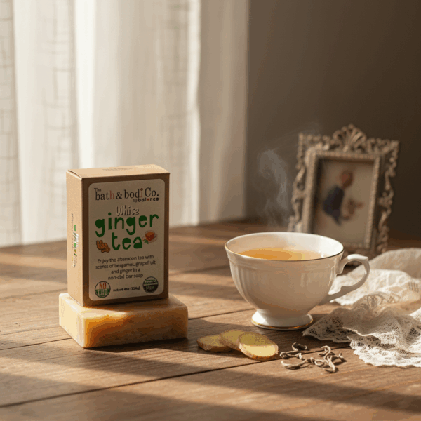 Balence White Tea Ginger handmade soap bar on a rustic wooden table with a teacup, ginger slices, and white tea leaves in warm morning sunlight.