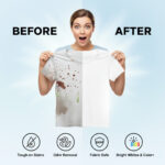 An infographic showing a mom holding a white shirt with a shocked expression on the left due to a dark red wine stain, and on the right the same shirt completely clean and bright after washing with Balence laundry soap.