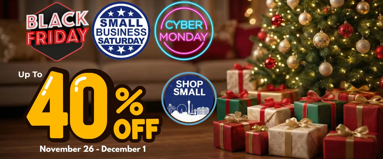 Holiday banner with Christmas tree, wrapped gifts, and Black Friday, Small Business Saturday, Cyber Monday, and Shop Small icons announcing up to 40% off