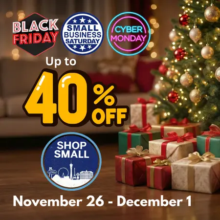 Holiday sale graphic showing Black Friday, Small Business Saturday, Cyber Monday, and Shop Small with up to 40% off November 26–December 1
