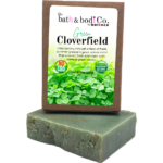 Green Cloverfield natural bar soap by Bath & Bodi Co by Balence with clover field label and green soap bar underneath