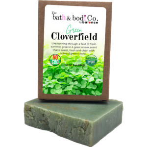 Green Cloverfield natural bar soap by Bath & Bodi Co by Balence with clover field label and green soap bar underneath