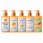 Five colorful liquid soap bottles with pump dispensers