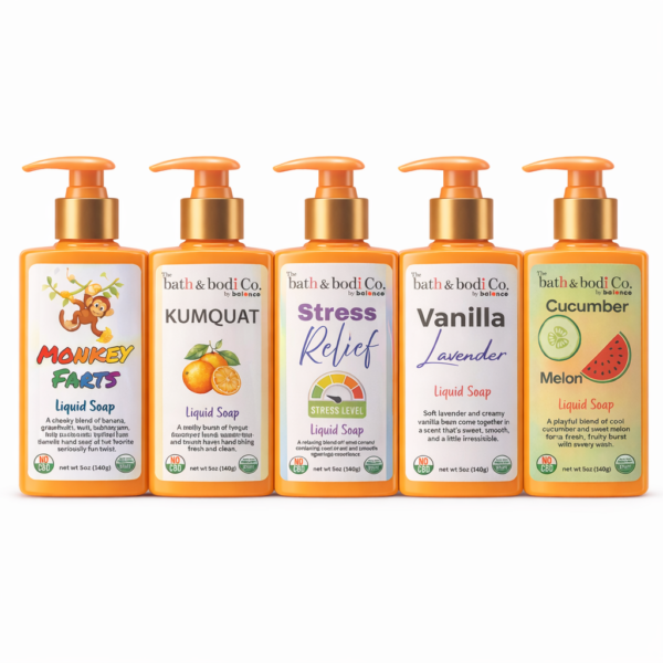 Five colorful liquid soap bottles with pump dispensers