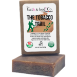 Handmade brown artisan soap bar labeled “The Tobacco Trail” by Bath & Bodi Co. by Balence, featuring a warm woodsy tobacco scent profile with amber and spice notes.