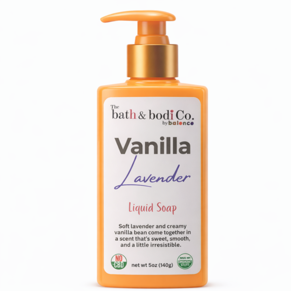 Vanilla Lavender liquid soap in orange pump bottle