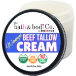The Bath & Bodi Co Wagyu beef tallow cream jar with organic, non-GMO, no CBD label