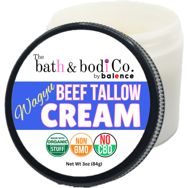 The Bath & Bodi Co Wagyu beef tallow cream jar with organic, non-GMO, no CBD label