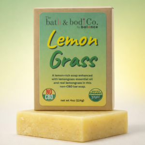 Lemon Grass natural bar soap by Bath & Bodi Co by Balence with green label packaging and yellow soap bar underneath