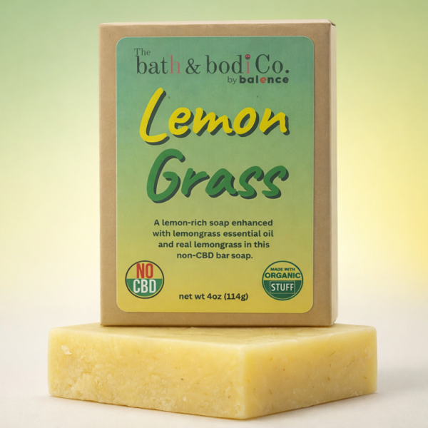 Lemon Grass natural bar soap by Bath & Bodi Co by Balence with green label packaging and yellow soap bar underneath