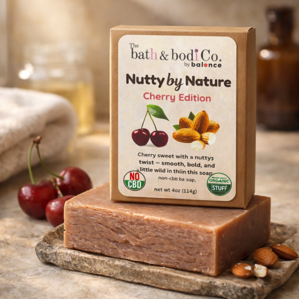 Cherry almond natural soap bar with packaging