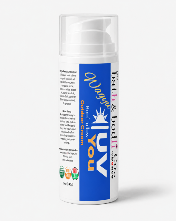 UV You Wagyu Tallow Outdoor Cream in a white airless pump bottle with blue product label.
