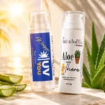 UV You Beef Tallow Outdoor Cream and Aloe There after-sun cream bottles in a sunny aloe-inspired skincare scene